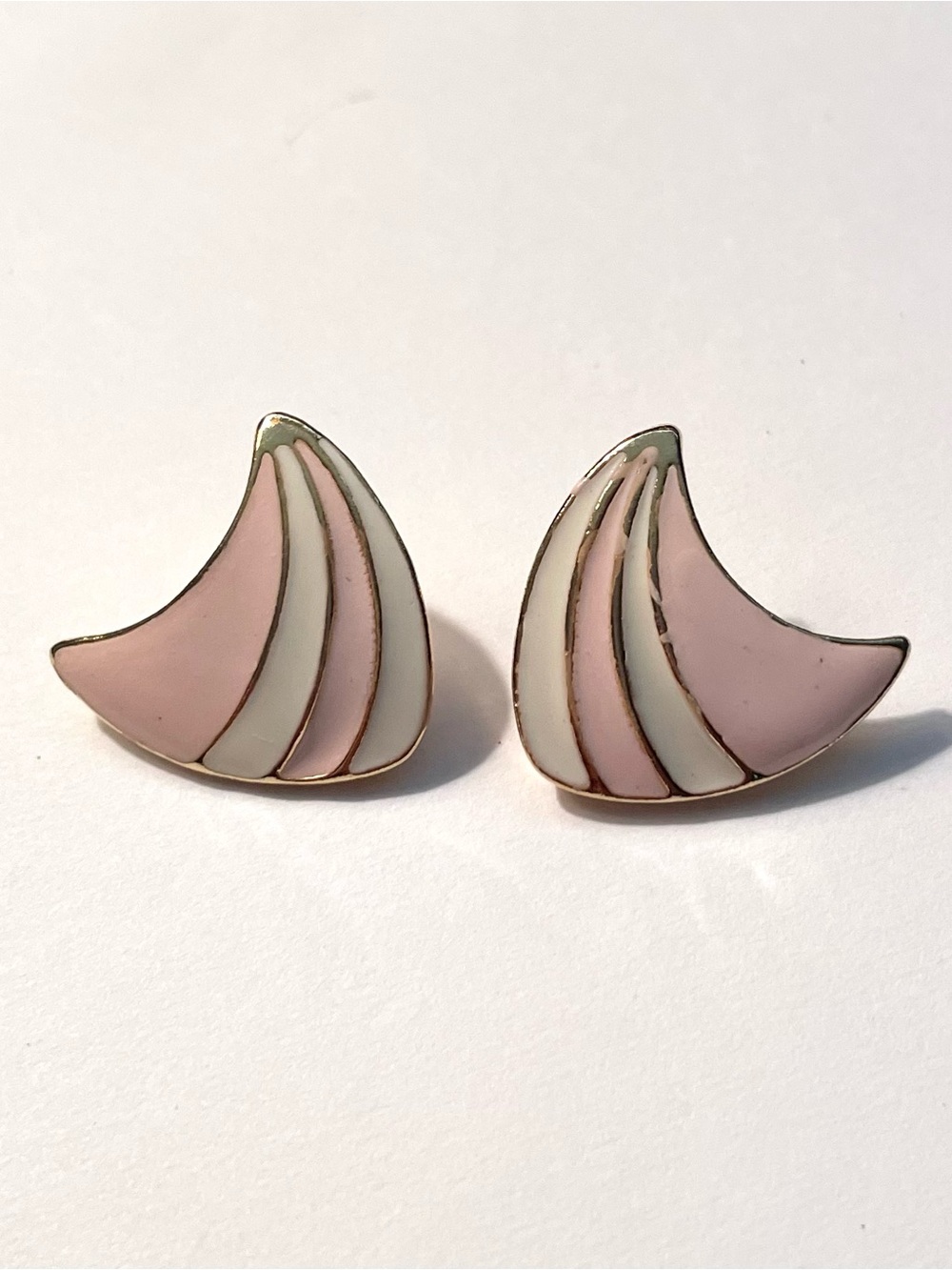 Vintage Pink and White Enamel Crescent Stud Earrings